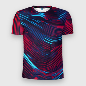 Мужская футболка 3D Slim с принтом Волнистые линии красные и синие в Курске, 100% полиэстер с улучшенными характеристиками | приталенный силуэт, круглая горловина, широкие плечи, сужается к линии бедра | 