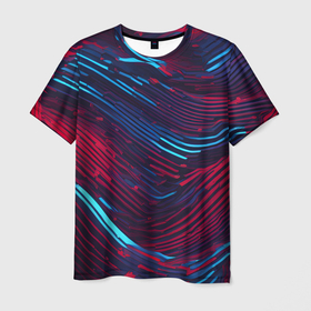 Мужская футболка 3D с принтом Волнистые линии красные и синие в Курске, 100% полиэфир | прямой крой, круглый вырез горловины, длина до линии бедер | 