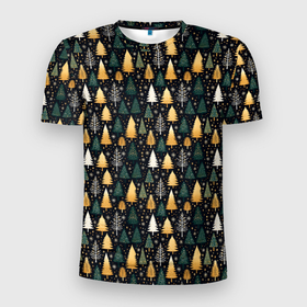 Мужская футболка 3D Slim с принтом Новогодний ельник в Курске, 100% полиэстер с улучшенными характеристиками | приталенный силуэт, круглая горловина, широкие плечи, сужается к линии бедра | 