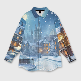 Мужская рубашка oversize 3D с принтом Новогодний  снежный город в Курске,  |  | 