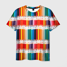 Мужская футболка 3D с принтом Яркие цветные карандаши в Екатеринбурге, 100% полиэфир | прямой крой, круглый вырез горловины, длина до линии бедер | 