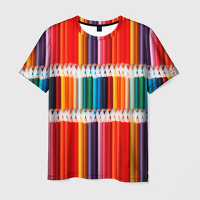 Мужская футболка 3D с принтом Заточенные цветные карандаши в Екатеринбурге, 100% полиэфир | прямой крой, круглый вырез горловины, длина до линии бедер | Тематика изображения на принте: 