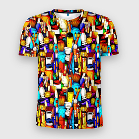 Мужская футболка 3D Slim с принтом Кисти и краски художника в Кировске, 100% полиэстер с улучшенными характеристиками | приталенный силуэт, круглая горловина, широкие плечи, сужается к линии бедра | Тематика изображения на принте: 