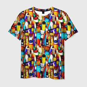 Мужская футболка 3D с принтом Кисти и краски художника в Кировске, 100% полиэфир | прямой крой, круглый вырез горловины, длина до линии бедер | Тематика изображения на принте: 