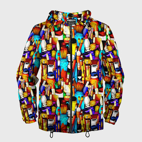 Мужская ветровка 3D с принтом Кисти и краски художника в Петрозаводске, 100% полиэстер | подол и капюшон оформлены резинкой с фиксаторами, два кармана без застежек по бокам, один потайной карман на груди | 