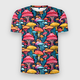 Мужская футболка 3D Slim с принтом Разноцветные грибы причудливый паттерн в Тюмени, 100% полиэстер с улучшенными характеристиками | приталенный силуэт, круглая горловина, широкие плечи, сужается к линии бедра | 