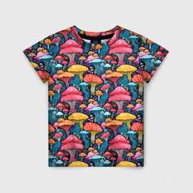 Детская футболка 3D с принтом Разноцветные грибы причудливый паттерн в Екатеринбурге, 100% гипоаллергенный полиэфир | прямой крой, круглый вырез горловины, длина до линии бедер, чуть спущенное плечо, ткань немного тянется | 