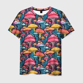 Мужская футболка 3D с принтом Разноцветные грибы причудливый паттерн в Тюмени, 100% полиэфир | прямой крой, круглый вырез горловины, длина до линии бедер | 