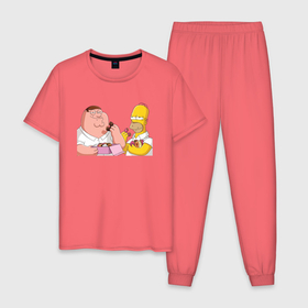 Мужская пижама хлопок с принтом Питер и Гомер едят пончики в Белгороде, 100% хлопок | брюки и футболка прямого кроя, без карманов, на брюках мягкая резинка на поясе и по низу штанин
 | 