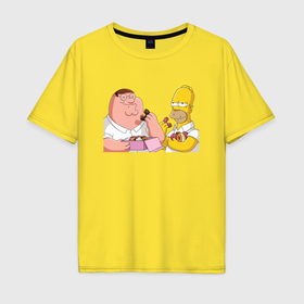 Мужская футболка хлопок Oversize с принтом Питер и Гомер едят пончики , 100% хлопок | свободный крой, круглый ворот, “спинка” длиннее передней части | 