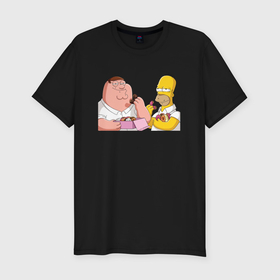 Мужская футболка хлопок Slim с принтом Питер и Гомер едят пончики в Кировске, 92% хлопок, 8% лайкра | приталенный силуэт, круглый вырез ворота, длина до линии бедра, короткий рукав | 
