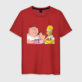 Мужская футболка хлопок с принтом Питер и Гомер едят пончики в Кировске, 100% хлопок | прямой крой, круглый вырез горловины, длина до линии бедер, слегка спущенное плечо. | 