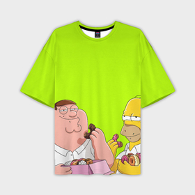 Мужская футболка oversize 3D с принтом Питер и Гомер едят пончики зеленый ,  |  | 
