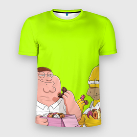 Мужская футболка 3D Slim с принтом Питер и Гомер едят пончики зеленый в Курске, 100% полиэстер с улучшенными характеристиками | приталенный силуэт, круглая горловина, широкие плечи, сужается к линии бедра | 