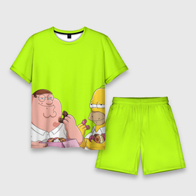 Мужской костюм с шортами 3D с принтом Питер и Гомер едят пончики зеленый ,  |  | 