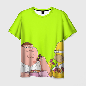 Мужская футболка 3D с принтом Питер и Гомер едят пончики зеленый в Курске, 100% полиэфир | прямой крой, круглый вырез горловины, длина до линии бедер | Тематика изображения на принте: 