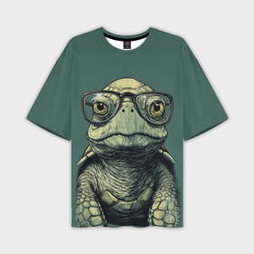 Мужская футболка oversize 3D с принтом Черепаха в очках на зеленом фоне в Курске,  |  | 