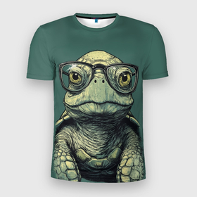 Мужская футболка 3D Slim с принтом Черепаха в очках на зеленом фоне в Кировске, 100% полиэстер с улучшенными характеристиками | приталенный силуэт, круглая горловина, широкие плечи, сужается к линии бедра | 