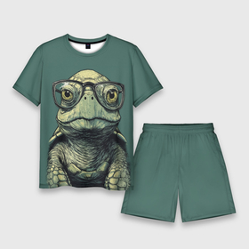 Мужской костюм с шортами 3D с принтом Черепаха в очках на зеленом фоне в Кировске,  |  | 