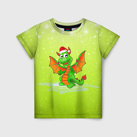 Детская футболка 3D с принтом Зеленый дракошка в Курске, 100% гипоаллергенный полиэфир | прямой крой, круглый вырез горловины, длина до линии бедер, чуть спущенное плечо, ткань немного тянется | Тематика изображения на принте: 