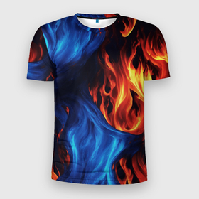 Мужская футболка 3D Slim с принтом Огонь и вода как две стихии в Санкт-Петербурге, 100% полиэстер с улучшенными характеристиками | приталенный силуэт, круглая горловина, широкие плечи, сужается к линии бедра | 