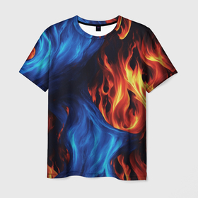 Мужская футболка 3D с принтом Огонь и вода как две стихии в Курске, 100% полиэфир | прямой крой, круглый вырез горловины, длина до линии бедер | 
