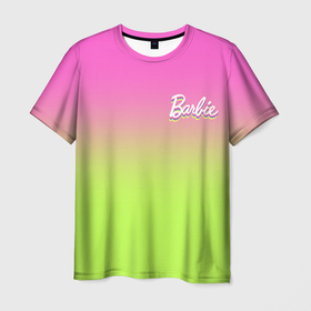 Мужская футболка 3D с принтом Барби: градиент розовый и ярко зеленый в Санкт-Петербурге, 100% полиэфир | прямой крой, круглый вырез горловины, длина до линии бедер | 