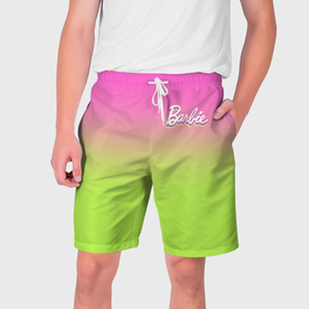 Мужские шорты 3D с принтом Барби: градиент розовый и ярко зеленый ,  полиэстер 100% | прямой крой, два кармана без застежек по бокам. Мягкая трикотажная резинка на поясе, внутри которой широкие завязки. Длина чуть выше колен | Тематика изображения на принте: 