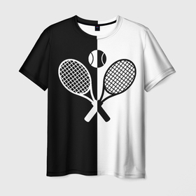 Мужская футболка 3D с принтом Теннис   чёрно белое в Тюмени, 100% полиэфир | прямой крой, круглый вырез горловины, длина до линии бедер | 