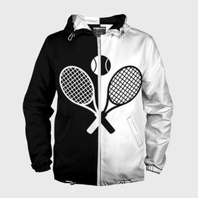 Мужская ветровка 3D с принтом Теннис   чёрно белое в Екатеринбурге, 100% полиэстер | подол и капюшон оформлены резинкой с фиксаторами, два кармана без застежек по бокам, один потайной карман на груди | 