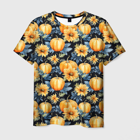 Мужская футболка 3D с принтом Паттерн тыквы и цветы в Тюмени, 100% полиэфир | прямой крой, круглый вырез горловины, длина до линии бедер | Тематика изображения на принте: 