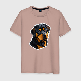 Мужская футболка хлопок с принтом Стикер собаки ротвейлер , 100% хлопок | прямой крой, круглый вырез горловины, длина до линии бедер, слегка спущенное плечо. | 