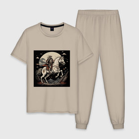 Мужская пижама хлопок с принтом Рыцарь на коне под луной в Кировске, 100% хлопок | брюки и футболка прямого кроя, без карманов, на брюках мягкая резинка на поясе и по низу штанин
 | Тематика изображения на принте: 