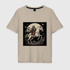 Мужская футболка хлопок Oversize с принтом Рыцарь на коне под луной в Кировске, 100% хлопок | свободный крой, круглый ворот, “спинка” длиннее передней части | 
