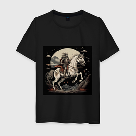 Мужская футболка хлопок с принтом Рыцарь на коне под луной в Кировске, 100% хлопок | прямой крой, круглый вырез горловины, длина до линии бедер, слегка спущенное плечо. | 