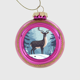 Стеклянный ёлочный шар с принтом Зимняя сказка олень в лесу , Стекло | Диаметр: 80 мм | Тематика изображения на принте: 