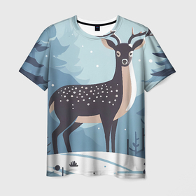Мужская футболка 3D с принтом Зимняя сказка олень в лесу в Кировске, 100% полиэфир | прямой крой, круглый вырез горловины, длина до линии бедер | 