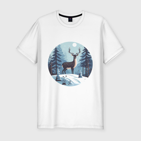 Мужская футболка хлопок Slim с принтом Зимняя сказка олень в лесу в Кировске, 92% хлопок, 8% лайкра | приталенный силуэт, круглый вырез ворота, длина до линии бедра, короткий рукав | 