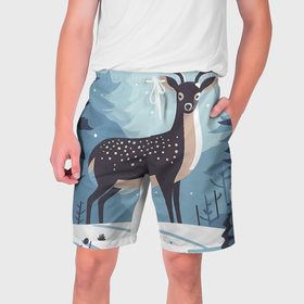 Мужские шорты 3D с принтом Зимняя сказка олень в лесу ,  полиэстер 100% | прямой крой, два кармана без застежек по бокам. Мягкая трикотажная резинка на поясе, внутри которой широкие завязки. Длина чуть выше колен | 