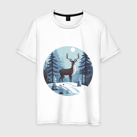 Мужская футболка хлопок с принтом Зимняя сказка олень в лесу в Кировске, 100% хлопок | прямой крой, круглый вырез горловины, длина до линии бедер, слегка спущенное плечо. | 