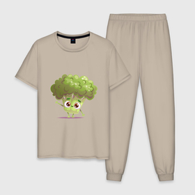 Мужская пижама хлопок с принтом Милая брокколи в Тюмени, 100% хлопок | брюки и футболка прямого кроя, без карманов, на брюках мягкая резинка на поясе и по низу штанин
 | Тематика изображения на принте: 