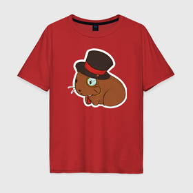 Мужская футболка хлопок Oversize с принтом Капибара в чёрной шляпе в Петрозаводске, 100% хлопок | свободный крой, круглый ворот, “спинка” длиннее передней части | 