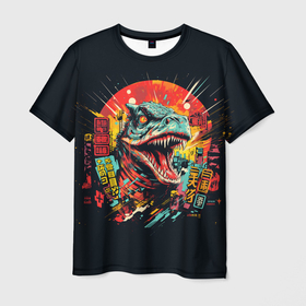 Мужская футболка 3D с принтом Динозавр  и китайские иероглифы в Курске, 100% полиэфир | прямой крой, круглый вырез горловины, длина до линии бедер | Тематика изображения на принте: 