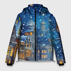 Мужская зимняя куртка 3D с принтом Новогоднее  настроение город в Новосибирске, верх — 100% полиэстер; подкладка — 100% полиэстер; утеплитель — 100% полиэстер | длина ниже бедра, свободный силуэт Оверсайз. Есть воротник-стойка, отстегивающийся капюшон и ветрозащитная планка. 

Боковые карманы с листочкой на кнопках и внутренний карман на молнии. | 