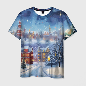 Мужская футболка 3D с принтом New year  city в Белгороде, 100% полиэфир | прямой крой, круглый вырез горловины, длина до линии бедер | 