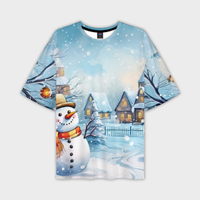 Мужская футболка oversize 3D с принтом Новогодний городок и снеговики в Тюмени,  |  | Тематика изображения на принте: 