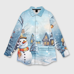 Мужская рубашка oversize 3D с принтом Новогодний городок и снеговики в Екатеринбурге,  |  | Тематика изображения на принте: 