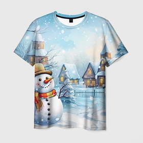 Мужская футболка 3D с принтом Новогодний городок и снеговики , 100% полиэфир | прямой крой, круглый вырез горловины, длина до линии бедер | 