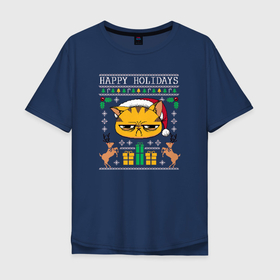 Мужская футболка хлопок Oversize с принтом Happy holidays phrase в Екатеринбурге, 100% хлопок | свободный крой, круглый ворот, “спинка” длиннее передней части | 