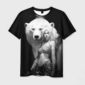 Мужская футболка 3D с принтом Блондинка с большим белым медведем в Петрозаводске, 100% полиэфир | прямой крой, круглый вырез горловины, длина до линии бедер | 